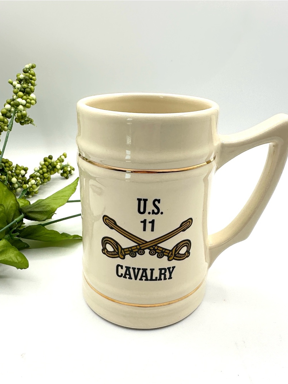 U.S. 11th Cavalry Ceramic Stein or Mug in Cream with Black Horse. 5.75” tall